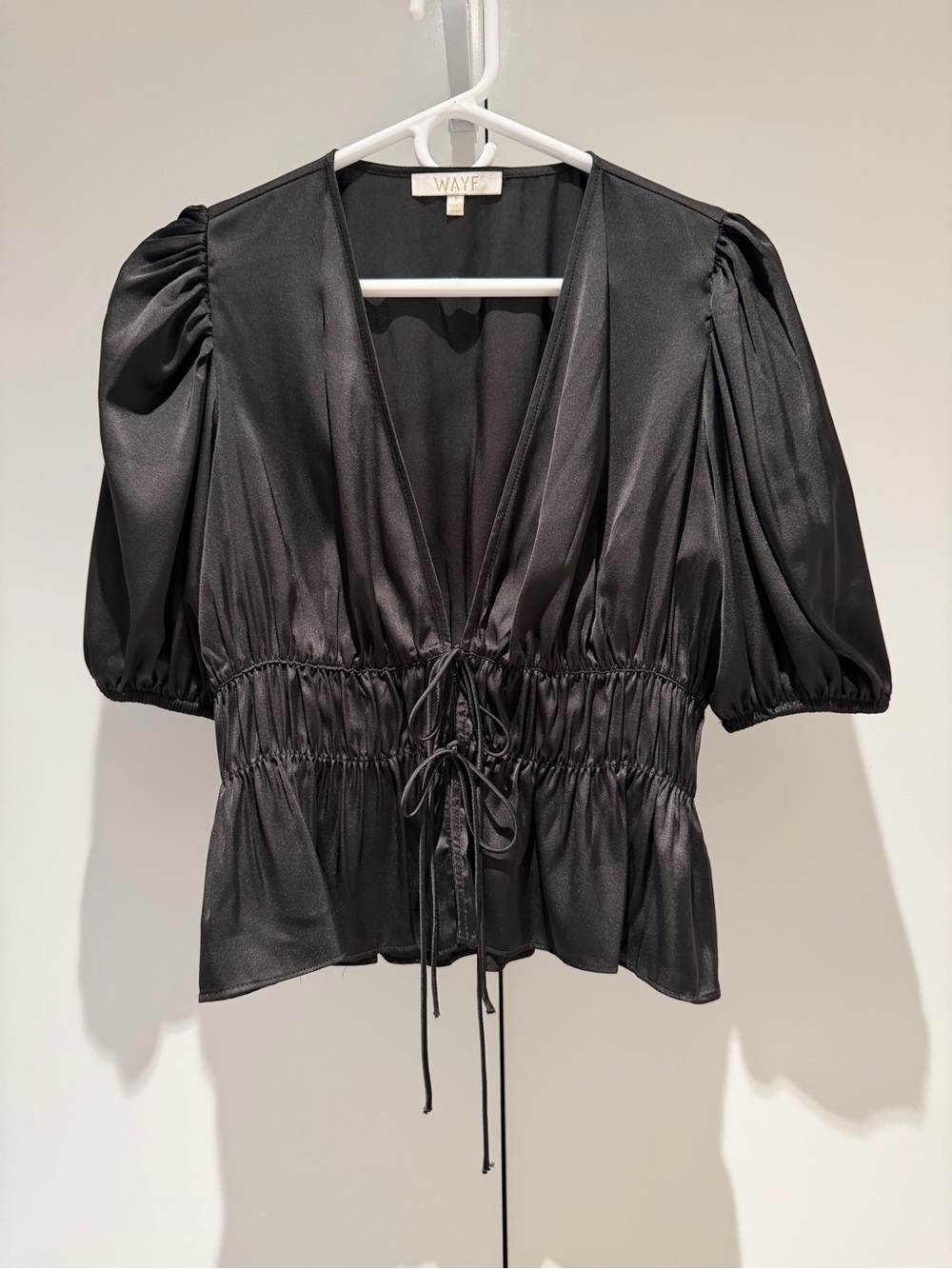Wayf Black Satin V-Neck Puff Sleeve Cinch-Waist Blouse